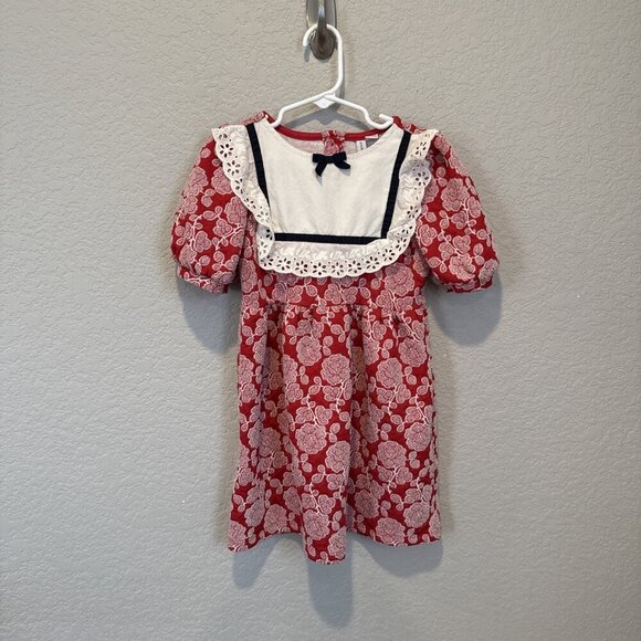 Janie and Jack Bradbury Red Rose Jacquard Eyelet Ruffle Dress Girls Size 5 - Picture 2 of 11